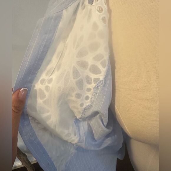 Sandro Blue White Strip Lace Insert Long Sleeve Button Down Blouse Shirt size 2 - Picture 4 of 15